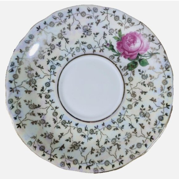 D - Dresden Porcelain Saucers Plates Iridescent w/Rose‎ and Gold Trim Set of 2 - Picture 1 of 9